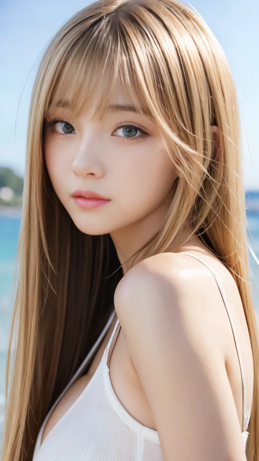 Sexy big 、 beautiful girl sexy cute looks and cute, beautiful and sexy face、A strong wind blows my hair in front of my face、Beautiful blonde straight hair with beautiful cute and sexy eyes hidden in her long bangs