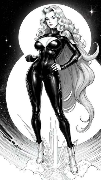masterpiece,very sharp image,((American Comics style)),((The Perfect One Woman)),((one person)),retro space futurism, beautiful detailed face,hi-tech armor overl catsuit, long curly hair,in deep space, with several planets and suns in the background, Excellent sense,medium breasts,cleavage,colorful,highly detailed body,