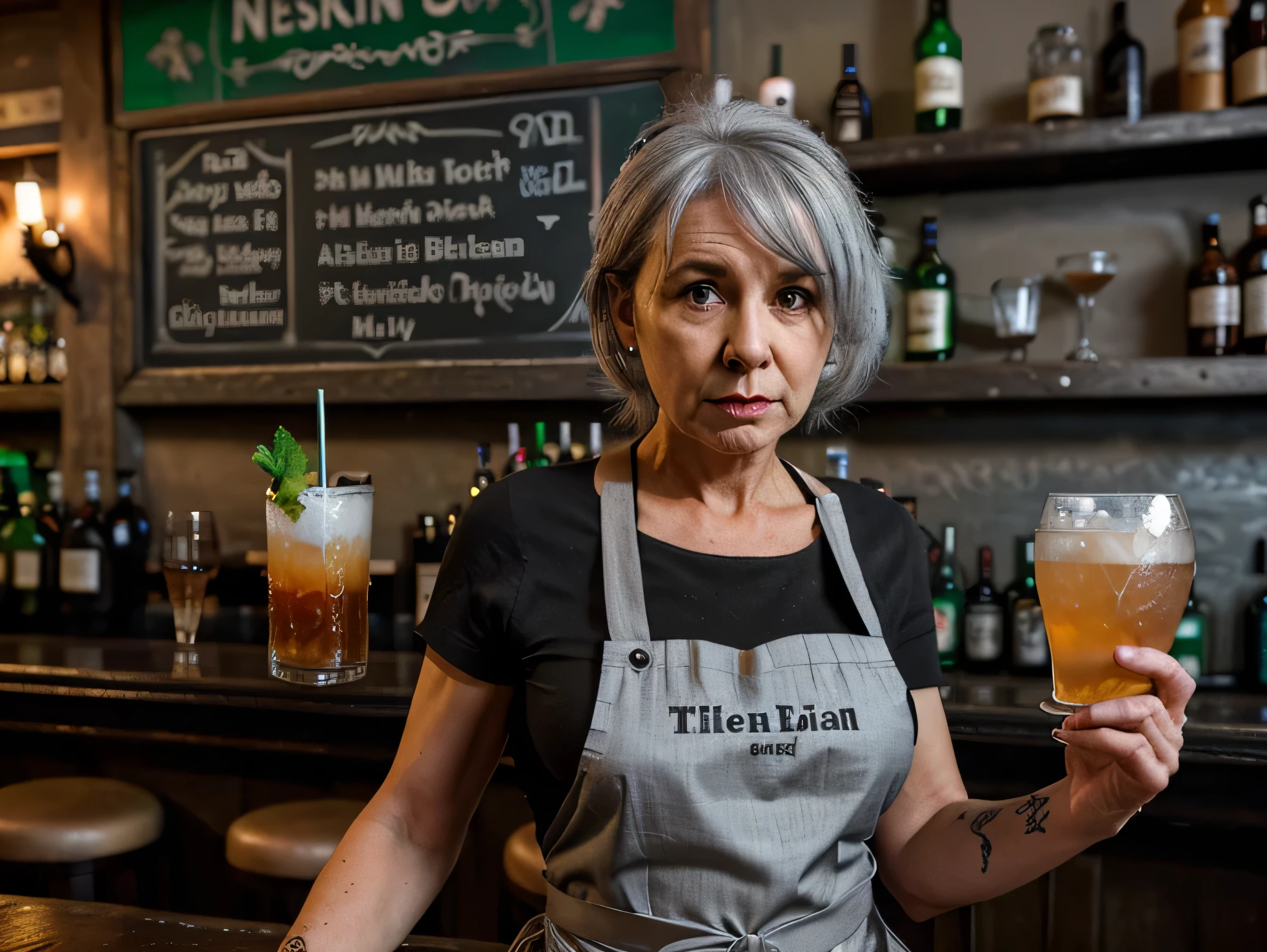 60 year old barmaid wearing black apron serving drinks in irish pub. grey hair