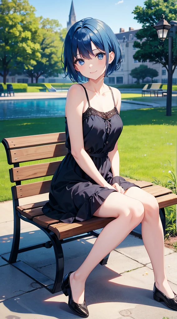 Girl short hair Blue hair Blue eyes Blue matching Smile confidently Correct limbs, black sundress, outdoor park background, sitting on bench
