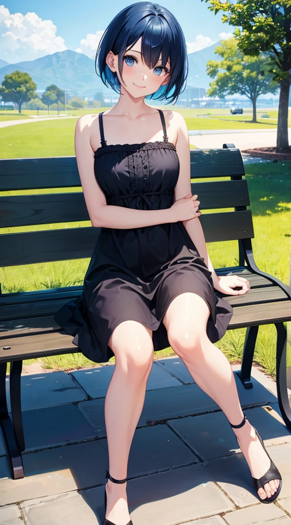 Girl short hair Blue hair Blue eyes Blue matching Smile confidently Correct limbs, black sundress, outdoor park background, sitting on bench