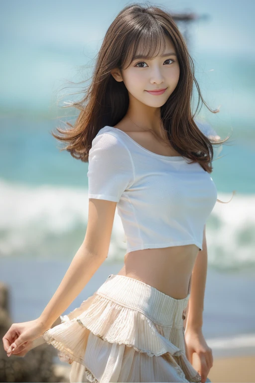 Coastal beauty, 1girl, (bright eyes, sun-kissed skin, carefree expression), beach background, lighthouse, soft sea breeze, playful pose, dynamic composition, golden hour lighting, blurred background, rich colors, fine details, surreal, 50mm lens, relaxing atmosphere. Portrait photography, 35mm film, natural blur, (upper body white wrapped chest, lower body long skirt), underage girl, good fingers, smile, full body, slender legs, young girl body proportions