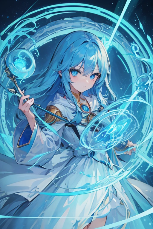 1girl, (masterpiece, best quality), expressive eyes, perfect face, long blue hair, blue magic eyes, blue arcane magic circles behind her, (holding a large arcane staff with blue arcane magic swirling around it), magician robes, glowing weapon, glowing magic, (anime), (golden wreath), 