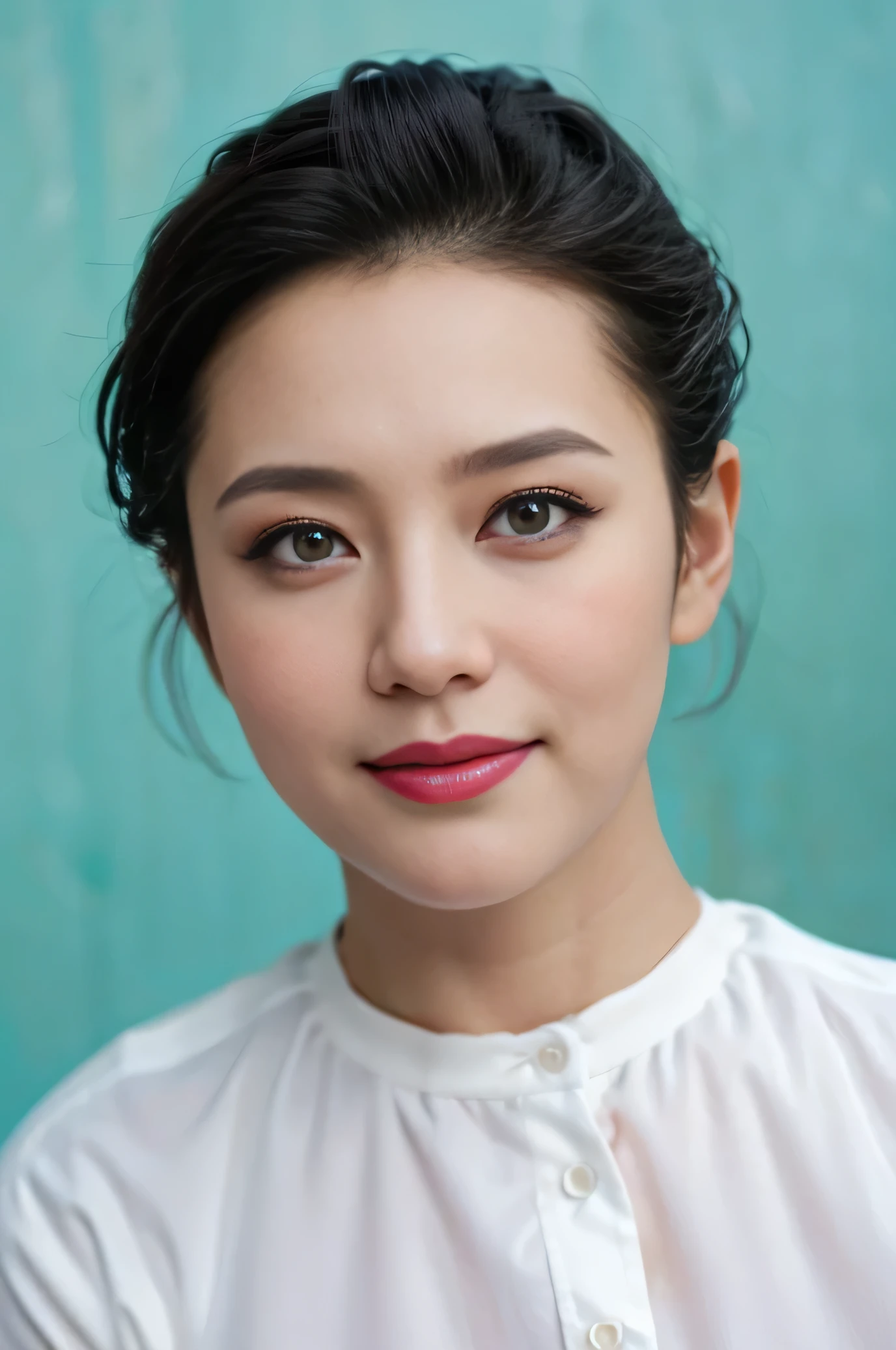 Highly realistic photo, ((masterpiece), (best quality), (raw photo), (photorealistic:1.4), Portrait of Vietnamese woman, (40 years old), ((black short hair)), ((wearing white shirt)), ((pursed lips)), ((light blue background)) , photo taken by Sony A7IV
