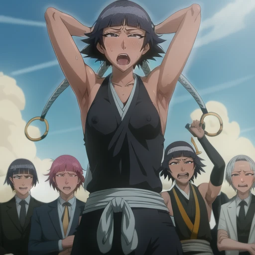 ( Animation screenshots:1.1),outdoor, Nipples exposed, 1 woman, alone, black hair, side breasts,eternal, short hair with long locks, japanese clothing, - Hip vents, no underwear,short hair, small breasts, (white eyes:1.1),No eyeballs, Also available in black, no headgear,low double braids,facing the audience, looking at the audience, tired, from below, (Exposed armpit:1.1), ((armpit:1.2)), Sexy, Sweat dripping, More and more sweat,(ahegao), (Roll your eyes), naughty face, blush, open mouth, Sticking out tongue, saliva, Slobber,Runny nose,skinny, raise arms, (arms above head:1.5)