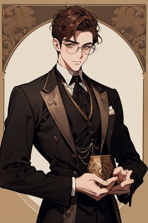A man with brown hair and round-rimmed glasses, vestindo uma roupa de fraque preto de 1900.