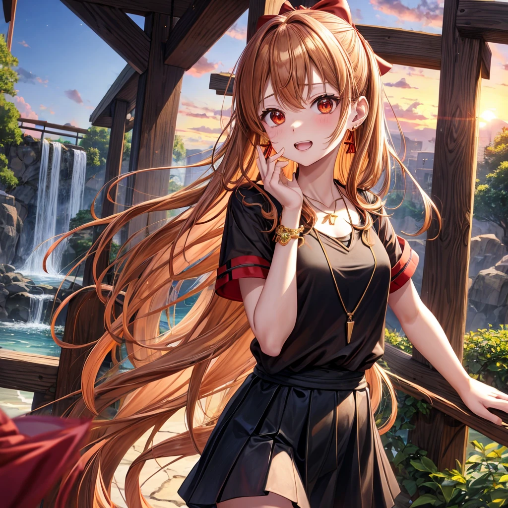 Brown, red, gold, golden hair、Red eyes、One good looking girl、solo、anime、Checkered mini skirt、Black camisole、Black T-shirt、hoodie、Wearing a ribbon、Ribbon on waist、Crystal Earrings、Gemstone Necklace、Light and shadow、Tilting face、Teeth are visible、waterfall、Kuroko、wearing goggles on head、tunnel、pylon、Sunset sky、Towering、frilled lizard