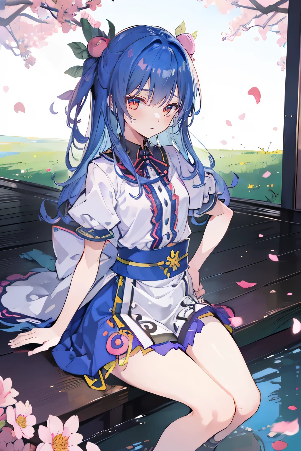 (best quality, masterpiece:1.2), expressive eyes, perfect face, 1 girl, hands on waist, beautiful, gorgeous, Japanese animation, Lola, Hinamori Angel, blue hair, floating clothes, waist grab, waist grab, hands on hips, sitting, sitting on the ground, legs on the ground, flat-chested, falling petals, sitting in a pavilion, pavilion.