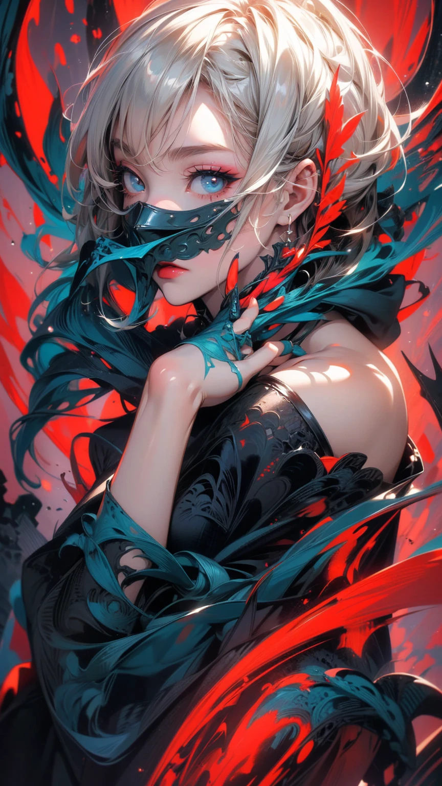 (masterpiece, High resolution, highest quality), 20-year-old woman, short hair, Elegant Mask, Avant-garde makeup, Fashion pose, Off the shoulder, Black bodysuit, devilish hands, High heels, Black Shadow, Vermilion and blue undulations, Disorganized, abstract design, artistic juxtapositions, High contrast, mixed-media approach, Anime Style, Simple lines, Digital Painting,