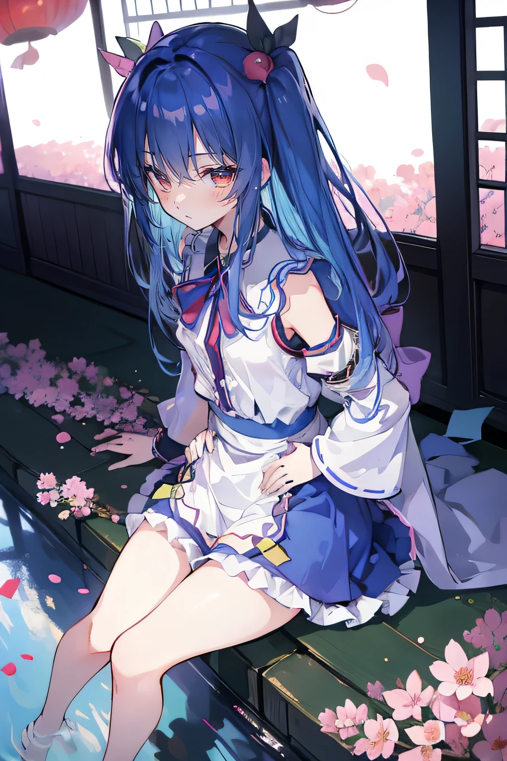 (best quality, masterpiece:1.2), expressive eyes, perfect face, 1 girl, hands on waist, beautiful, gorgeous, Japanese animation, Lola, Hinamori Angel, blue hair, floating clothes, waist grab, waist grab, hands on hips, sitting, sitting on the ground, legs on the ground, flat-chested, falling petals, sitting in a pavilion, pavilion.