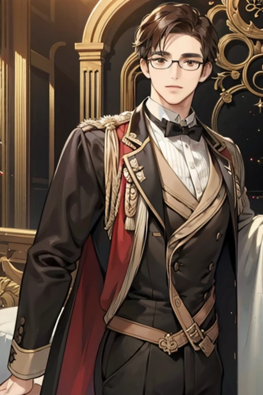 A man with brown hair and round-rimmed glasses, wearing a 1900's black tailcoat outfit.