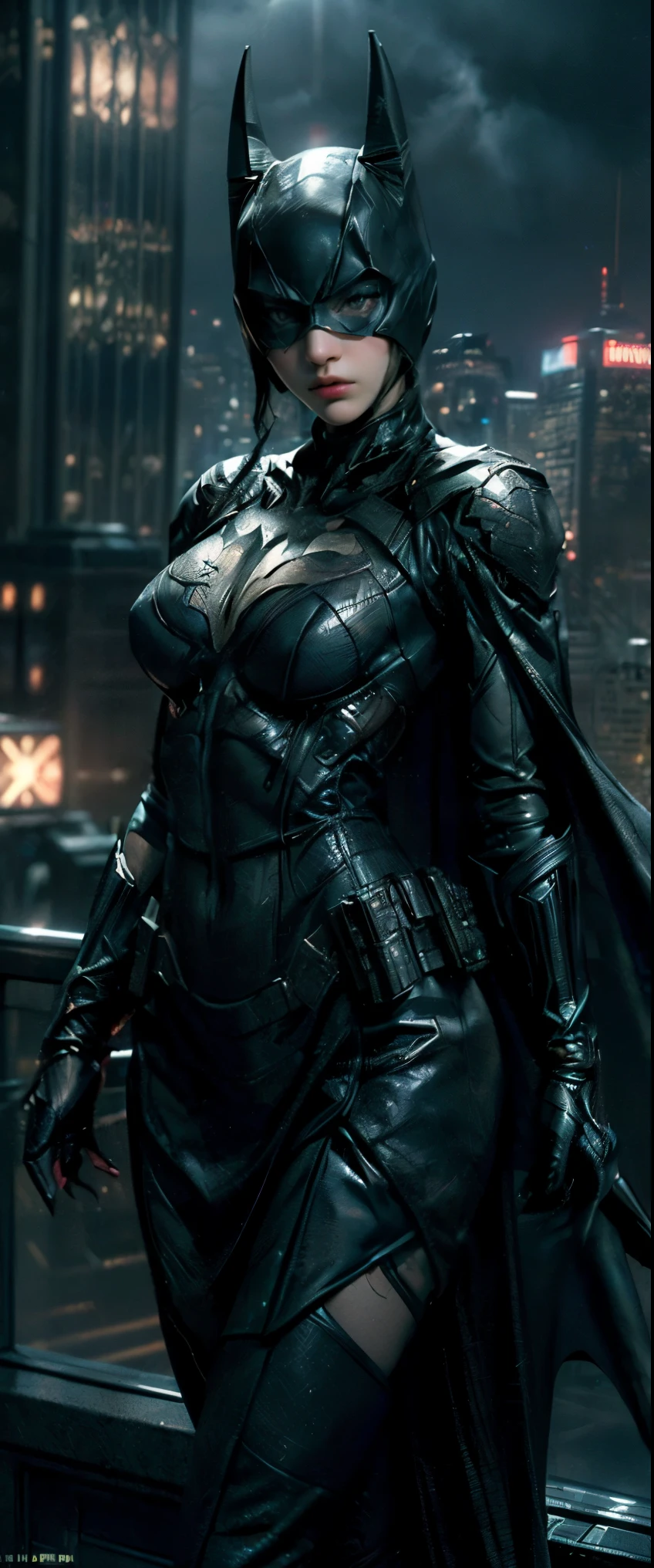 ((Masterpiece, Top Quality, High Resolution, Photorealistic, Raw, 8K wallpaper)), (huge stunning goddess shot, very hot and sexy, jaw dropping beauty, perfect proportions, beautiful body, slim body beauty: 1.4), batman standing on Rooftop overlooking city skyline at night, gotham city background, nighttime in gotham city, gotham city, from movie batman, gotham city double exposure, gotham city style, film still of batman, metropolis filmic gotham city, cyberpunk batman, still image from batman movie, in batman movie still cinematic, gotham setting, the batman, gotham,