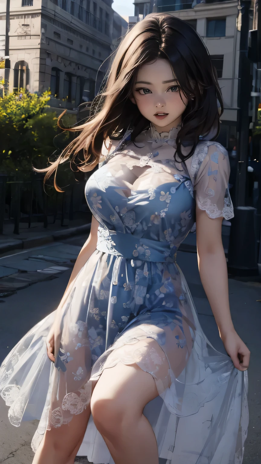 drooping eyes, eyes realistic sizing, (transparent see-through casual all over dress with floral pattern), open legs, outside, strong sunlight,