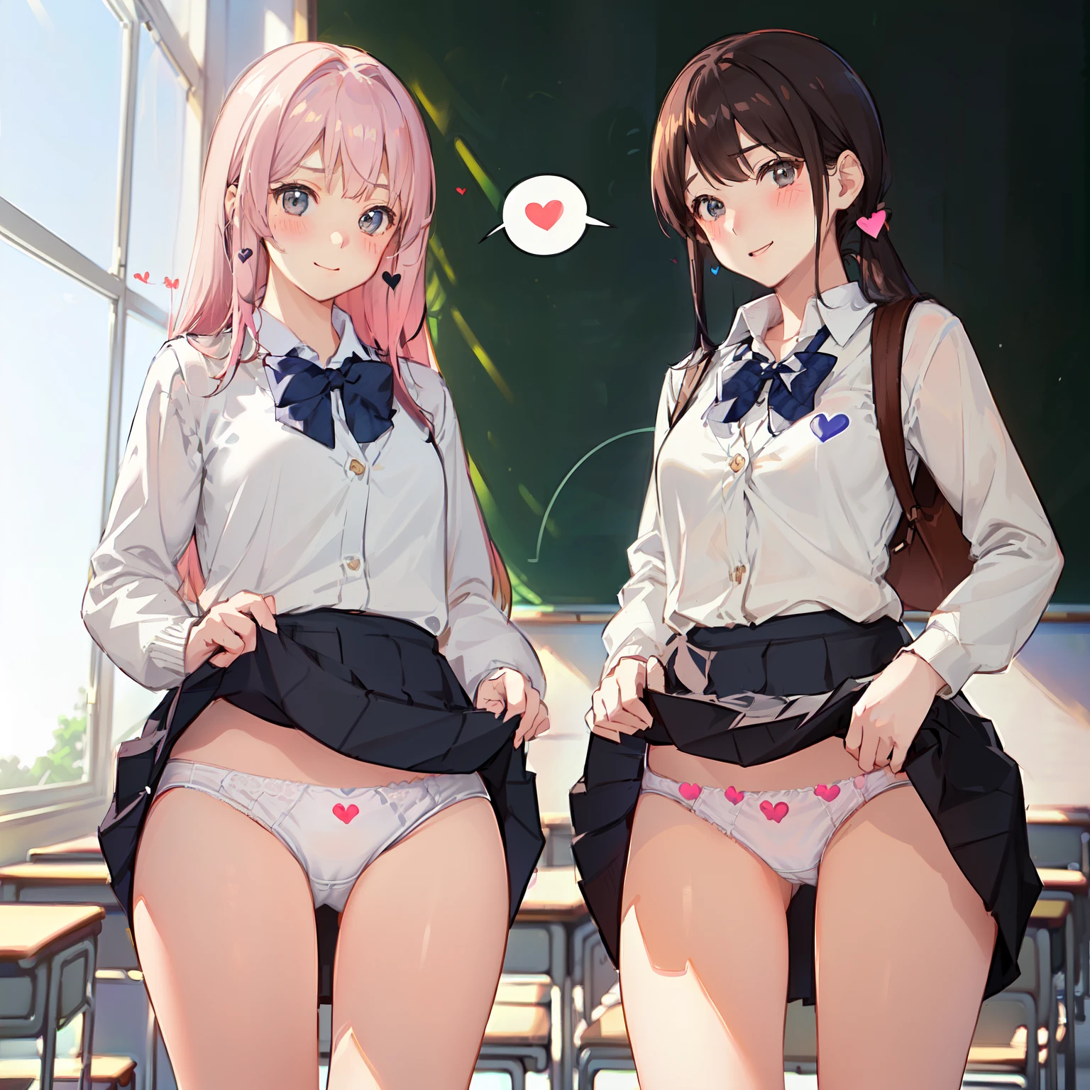 2 girls, smile:1.3, shirt, skirt, (small),((classroom:1.5))、、(blush:1.3)、((青いチェック柄のskirt:1.5))、Cowboy Shot、(skirt lift:1.3),(Highly detailed panties:1.3)、(Highly detailed white panties:1.3)、、(skirt that rolls up:1.3)、(Full-fledged panties:1.5)、,((Pure white cardigan))、((spoken heart:1.5))