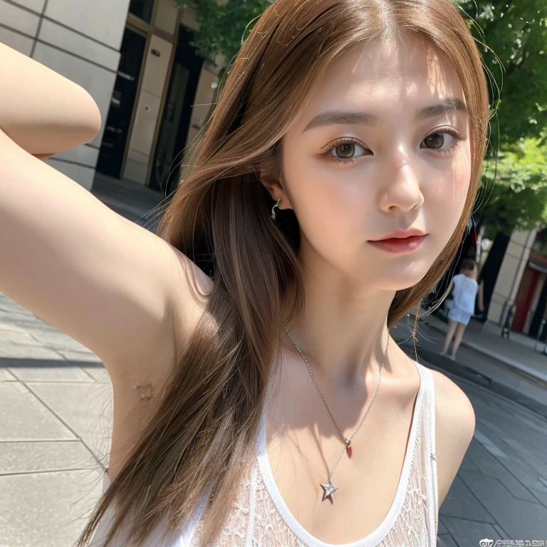 Realistic photos of (1 cute Korean star), White skin, Straight red long hair girl, Silver lace camisole vest, beautiful clear eyes, Green pupils, beautiful necklace and earringedium chest tight and Medium breasts, Delicate slender face, , Clavicle,Lovely lips ,wearing tank top, white pants, standing in the downtown, close-up portrait, UHD