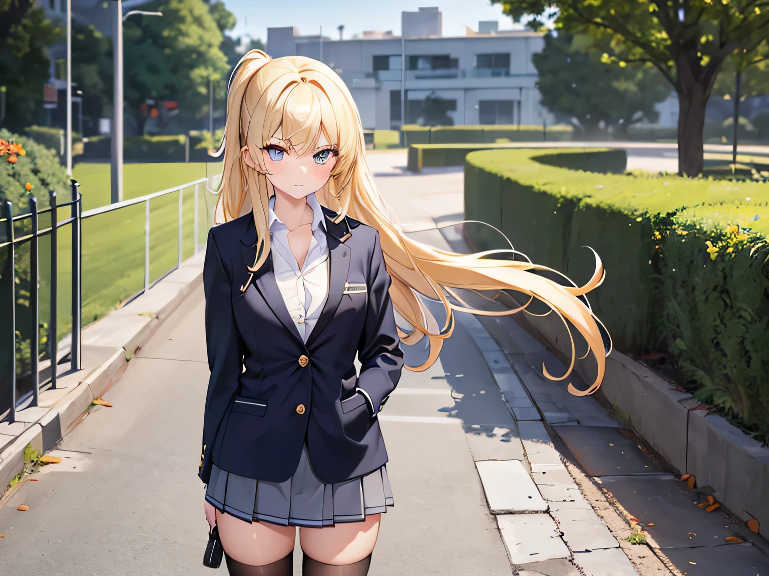 (Masterpiece, top quality, high resolution, realistic photo, realistic looking skin:1.1),
(A high school girl is standing in a high school playground:1.8),
(She is a delinquent and is glaring at us angrily:1.8),
(She is wearing her high , a navy blue blazer: 1.5),
(She has her blazer unbuttoned and her shirt open to the first button: 1.8),
(She is wearing a gray miniskirt from her high school uniform: 1.5),
(She is wearing black loafers: 1.5),
(She is wearing loose socks: 1.8),
(She is wearing socks of the same color and the same length on both feet: 1.8),
(The panties are black lace material with a pattern: 1.5),
(She has long blonde hair: 1.5),
(Location: high school yard in fresh green:1.5),
1 Japanese girl, solo, full bodied esbian, beautiful eyes, glowing eyes, glowing thighs, NSFW