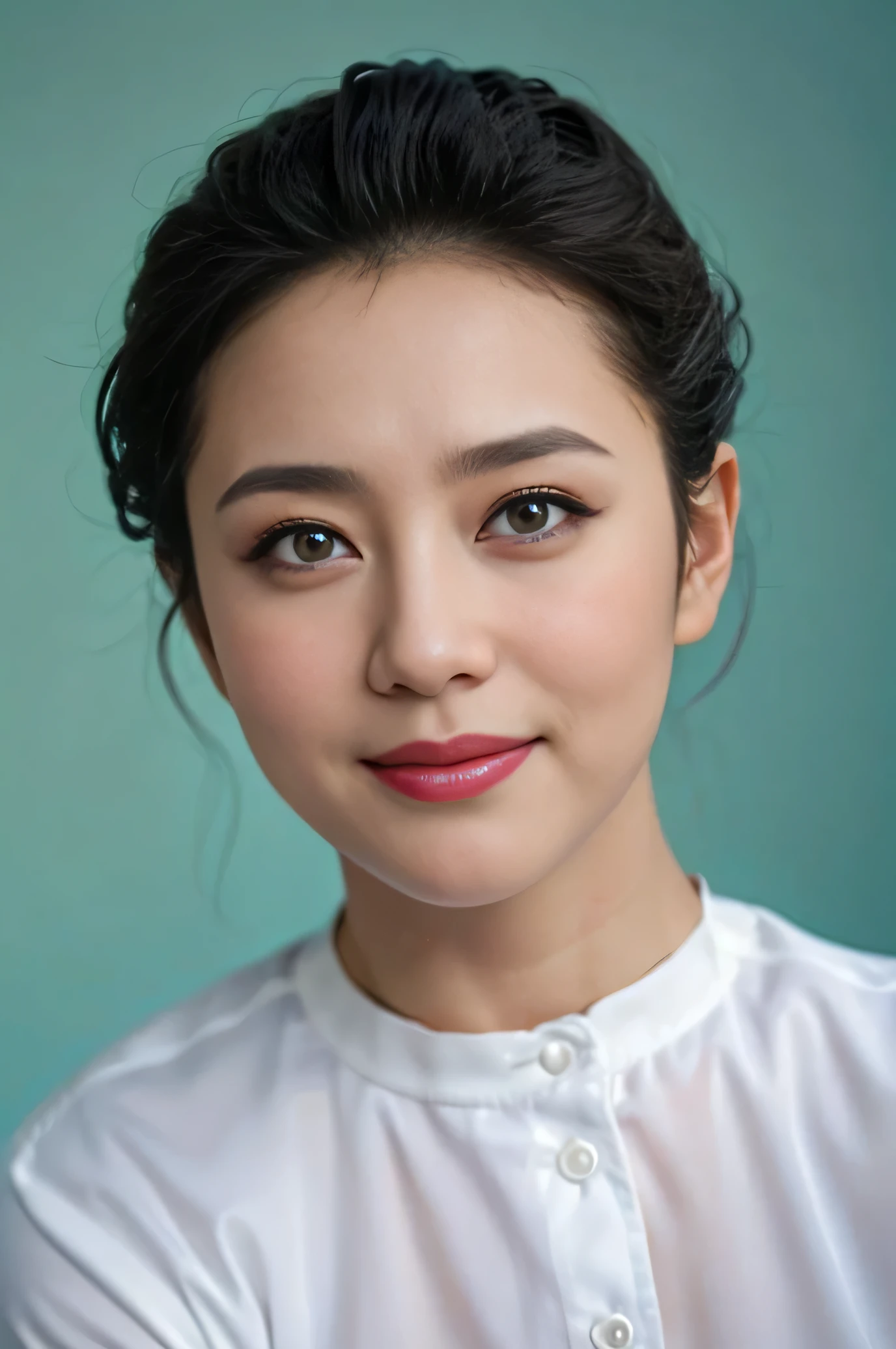 Highly realistic photo, ((masterpiece), (best quality), (raw photo), (photorealistic:1.4), Portrait of Vietnamese woman, (40 years old), ((black short hair)), ((wearing white shirt)), ((light blue background)) , photo taken by Sony A7IV
