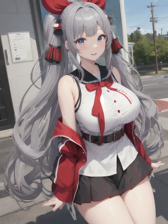 Kaguya Tsukina、high resolution、Virtual YouTuber、A girl、, Red knee-length socks, Double tail, blue eyes, Hair accessories, sash, cleveage、sleeveless、hairpin、Gray hair、Black clothes、Red belt、Huge Breasts
