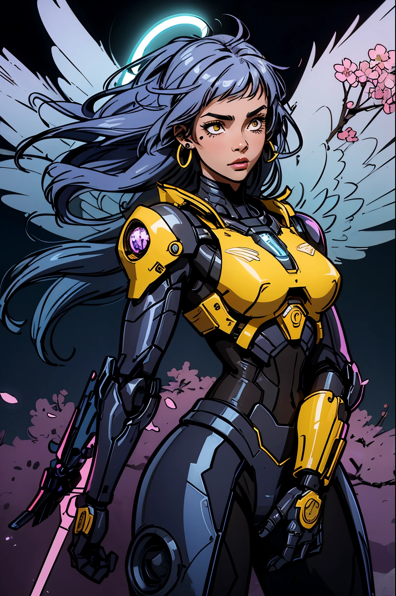 The most beautiful and sexy cyberpunk girl, purple hair, yellow eyes, dark skin, wearing highly detailed futuristic battle armor, futuristic mechanical angel wings, glowing neon halo, tons of tattoos and piercings, cherry blossoms blowing in the wind, highly detailed background, perfect masterpiece, high quality, high resolution