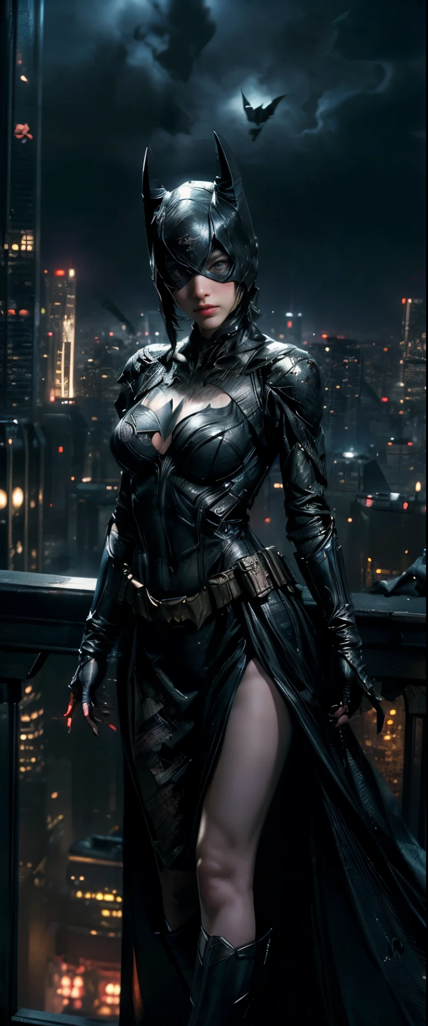((masterpiece, Highest quality, High resolution, Realistic, to be born, 8k wallpaper)),Standing in a bikini,maika monroe batgirl, (Standing in Honor　shot）,Facing the camera in a menacing pose, Very hot and sexy, Great beauty, Perfect balance, Beautiful body, Slim body beauty: 1.4), Batman standing on a rooftop overlooking the city skyline at night, Gotham city background, nighttime in Gotham city, Gotham city, From the movie Batman, Gotham city double exposure, Gotham city style, Batman film still, metropolis filmic Gotham city, Cyberpunk Batman, Batman movie stills, Batman movie still cinematic, Gotham setting, Batman, Gotham,

