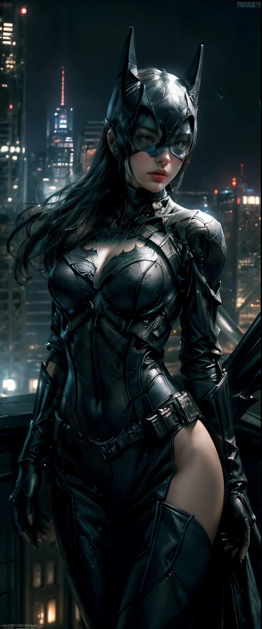((Masterpiece, Top Quality, High Resolution, Photorealistic, Raw, 8K wallpaper)), (huge stunning goddess shot, very hot and sexy, jaw dropping beauty, perfect proportions, beautiful body, slim body beauty: 1.4), batman standing on Rooftop overlooking city skyline at night, gotham city background, nighttime in gotham city, gotham city, from movie batman, gotham city double exposure, gotham city style, film still of batman, metropolis filmic gotham city, cyberpunk batman, still image from batman movie, in batman movie still cinematic, gotham setting, the batman, gotham,