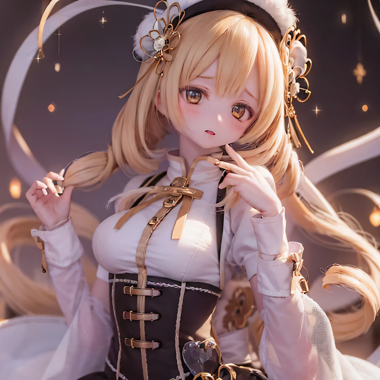 (best quality,ultra-detailed,masterpiece:1.2),expressive eyes,perfect face,beautiful Mami Tomoe,sofisticated pose,long pink hair,golden eyes, pink lips,detailed magical girl costume,dark background,glowing ,anime style,vibrant colors,mysterious aura cute (((((thick lips)))))(curvy)full body Voluptuous Body Figure show your butt(((((sleep on bed)))))zoom tits