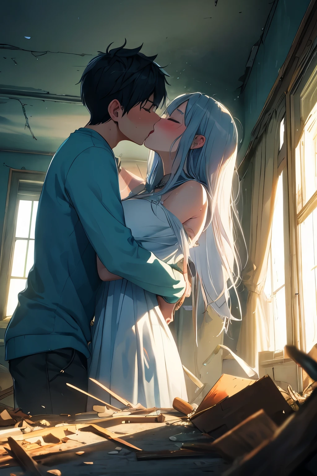 masterpiece, best quality, unity 8k wallpaper, illustration, very detailed, ((rape, sexual harassment, ache ,1 virgin ghost ,1 male ghost, first sound)),, sweat, Warmth, Hard, big bust ((In an abandoned house ))(((kiss)))