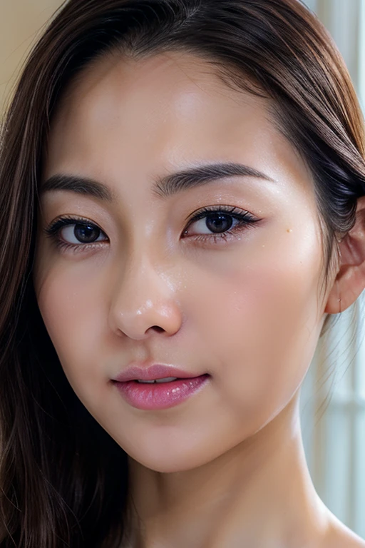Beautiful Japanese,1 girl(masterpiece:1.2, highest quality), (Realistic, photoRealistic:1.4),, Keep your eyes clearly focused, Nose and mouth,Face Focus, Extreme close up of face、 Age 35,Black Hair、Symmetrical face,Realistic nostrils、Angle from below、Elongated C-shaped nostrils(Sharp Nose)Sweaty skin、Shiny skin,((Brow wrinkles)))（On the tongue)、Deep Kiss、((Thin eyebrows))Oily skin、glistening shining skin、double eyelid、Beautiful woman、Medium Hair,Rolling your eyes,、Shortcuts((half-closed eyes, frown, grimace, scowl))((oily skin,sweat))((Shiny skin)（(Sweaty skin))(((licking lips)))
