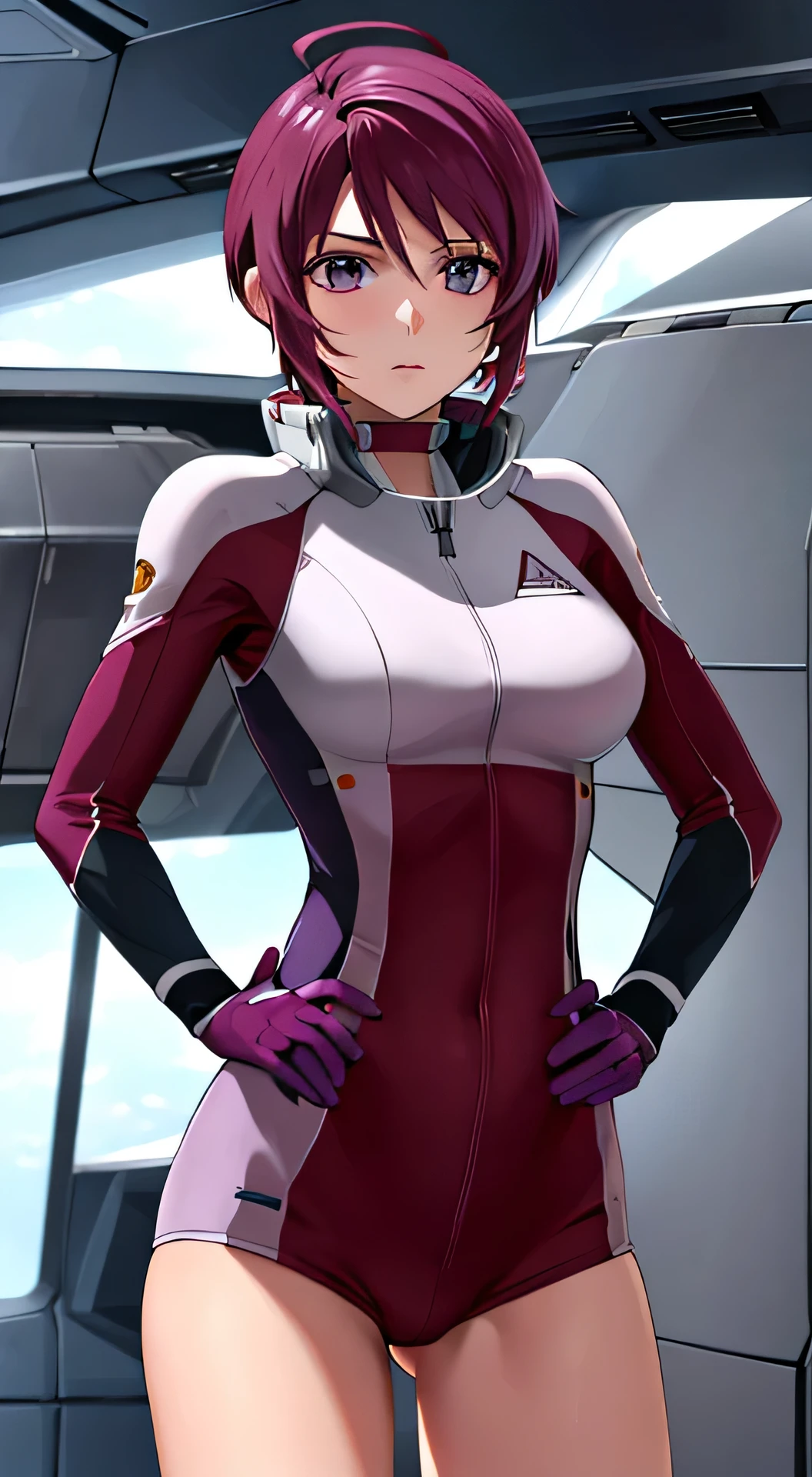 masterpiece, highest quality, High resolution, 1 girl, alone, short hair, Ahoge, redhead, purple eyes, purple hair, pilot suit, gloves, cowboy shot, Are standing, spaceship, indoors, saluting, put your hand on your waist, showing her back