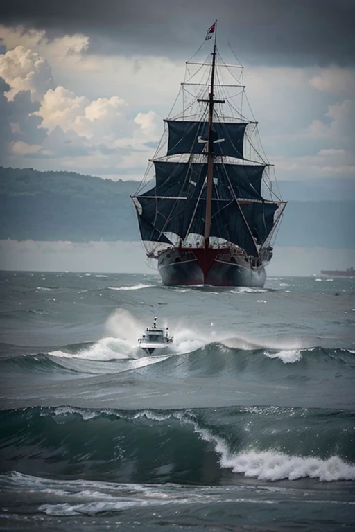 a photo of ship sailing in stormy weather . heavy rain . high waves . sailors are trying to reach nearest beach . they see then the nearest beach