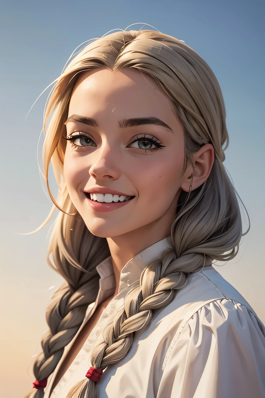 Top quality, high image quality, masterpiece, gray hair, golden eyes, white clothes, looking up, upper body, hair strands, fair skin, side braids, smiling, double teeth