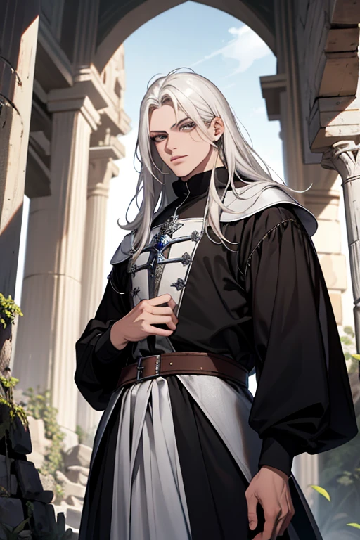 macho, cabelo curto ruivo com franja, olhos vermelhos, adulto face, adulto, capuz branco e mortalha, bonito, fantasia medieval, ruins, feiticeiros, olhando para o espectador