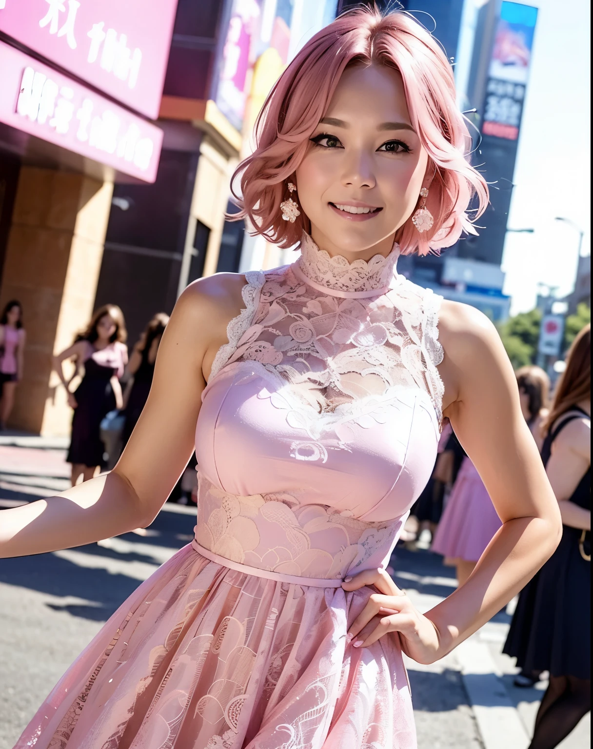 a woman posing on the street corner with Pink Dress on, highest quality, High resolution, 8k, 1peopleの女の子, (Huge breasts), Day, bright, Outdoor, (street:0.8), (people々, crowd:1), (lace trim dress:1.5, Pink clothes:1.5, Pink high neck dress:1.5, Sleeveless dress, Pink Dress: 1.5), nice, (Medium Hair), Beautifully detailed skies, Beautiful earrings, (Dynamic pose:0.8), (Upper Body:1.2), Soft lighting, Wind, Shiny skin, View your viewers,