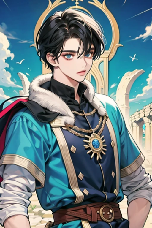 macho, cabelo curto ruivo com franja, olhos vermelhos, adulto face, adulto, capuz branco e mortalha, bonito, fantasia medieval, ruins, feiticeiros, olhando para o espectador