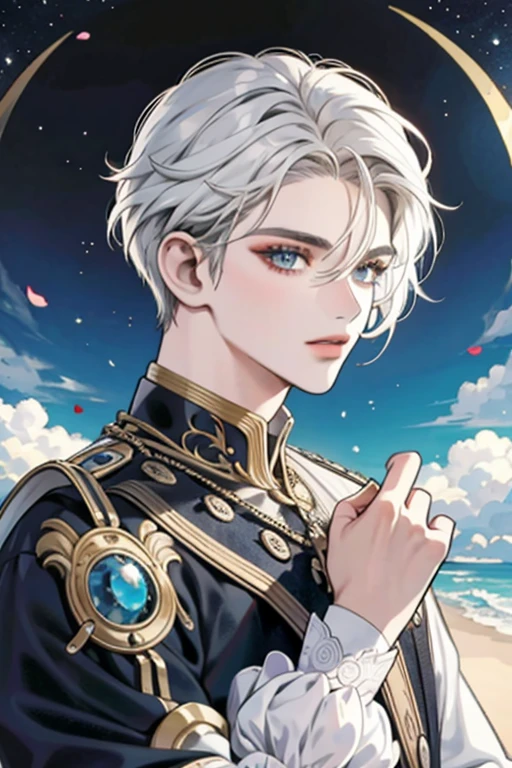 macho, cabelo curto ruivo com franja, olhos vermelhos, adulto face, adulto, capuz branco e mortalha, bonito, fantasia medieval, ruins, feiticeiros, olhando para o espectador