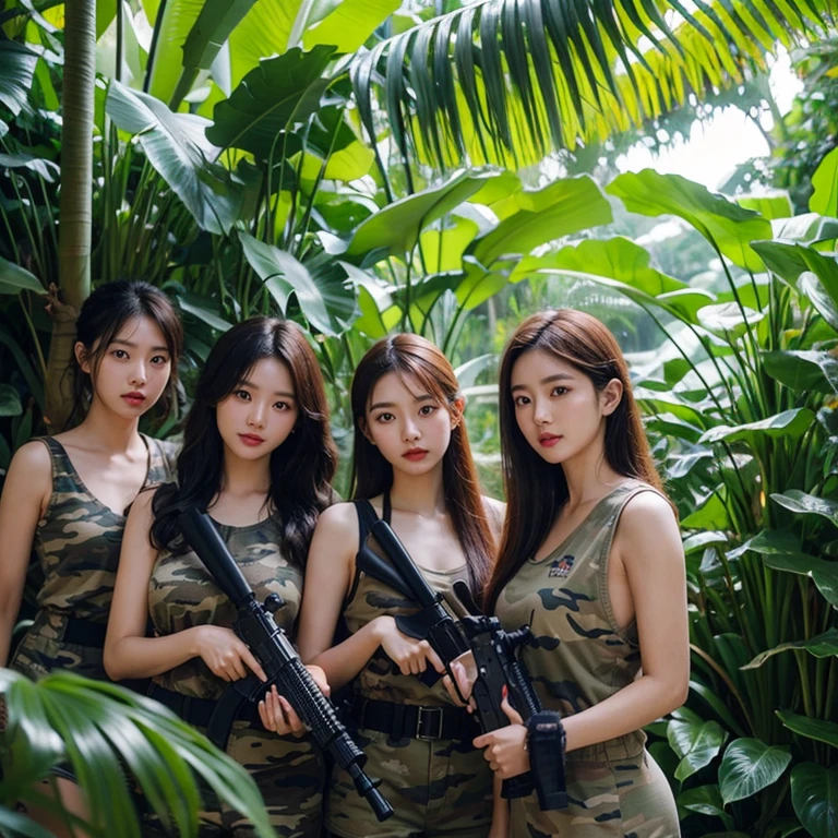 create a hyper-realistic photo of Korean girls group in the jungle. camouflage. holding M4A1 and MP5 guns. banana plants. High contrast. detail plants. Clear color. bright color. sunray.