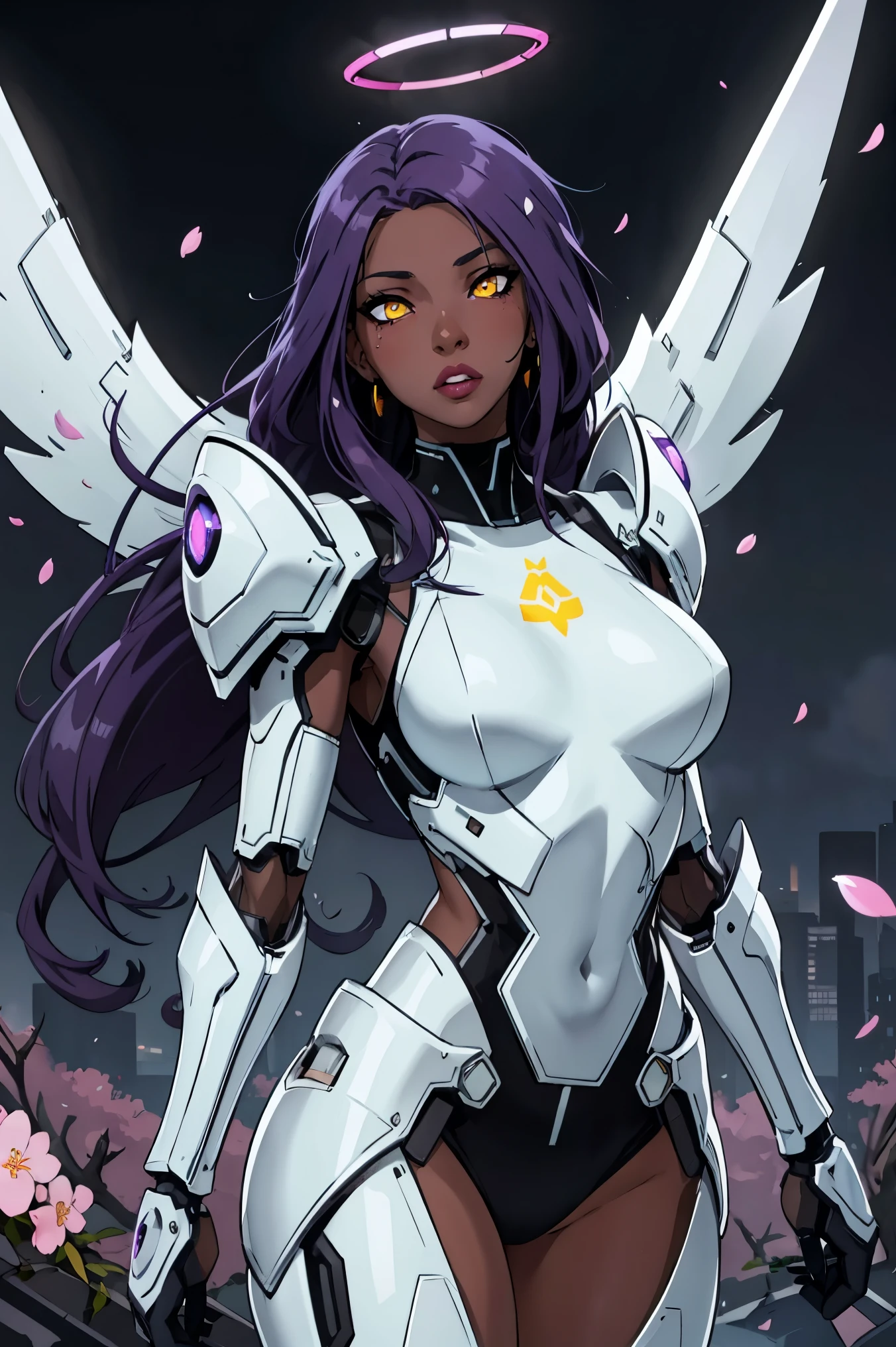 The most beautiful and sexy cyberpunk girl, purple hair, yellow eyes, dark skin, wearing highly detailed futuristic battle armor, futuristic mechanical angel wings, glowing neon halo, tons of tattoos and piercings, cherry blossoms blowing in the wind, highly detailed background, perfect masterpiece, high quality, high resolution