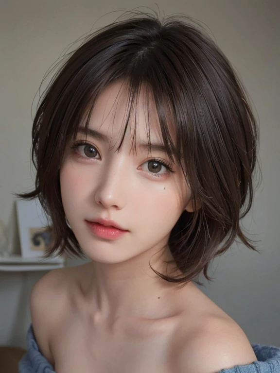 highest quality, masterpiece, Ultra-high resolution, (Realistic:1.5), RAW Photos, One girl, Off the shoulder, In the Dark, Deep Shadow, Modest, Cold Light, sexy look, short hair