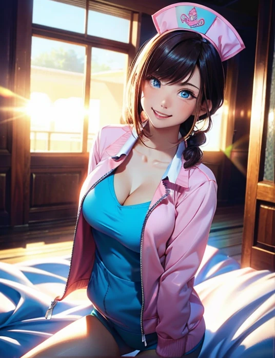 (1girl:1.3, solo), (Masterpiece, best quality, photorealistic, highres, photography, :1.3), ultra-detailed, sharp focus, professional photo, commercial photo, (upper body:1.3), (standing at clinic bed side:1.3), (((starring at the lyiing down viewer:1.5))),
BREAK,
1 brunette girl, solo, European girl, hot model, (attractive model:1.37), (promotional model:1.2), highly detailed eyes and pupils, realistic skin, (attractive body, large breast:1.25, thin waist:1.15), thin hair, single braid hair, mahogany hair, extremely detailed hair, delicate sexy face, sensual gaze, shiny lips,
BREAK,
(pink latex bikini), (light-blue nurse shirt:1.3), (zip-up nurse shirt:1.3), (open shirt), (formal nurse costume:1.2), (lowleg nurse costume shorts), white nurse shoes,
BREAK,
(indoor, clinic background, blurry background:1.25, simple background, detailed clinic background), (under sunset:1.37),
BREAK,
(attractive posing, standing, arms behind back:1.37), ((realistic, super realistic, realism, realistic detail)), perfect anatomy, perfect proportion, bokeh, depth of field, hyper sharp image, (attractive emotion, seductive smile:1.2, happy:1.2, blush:1.2, :d:1.2, :p:1.2), 4fingers and thumb, perfect human hands, wind,