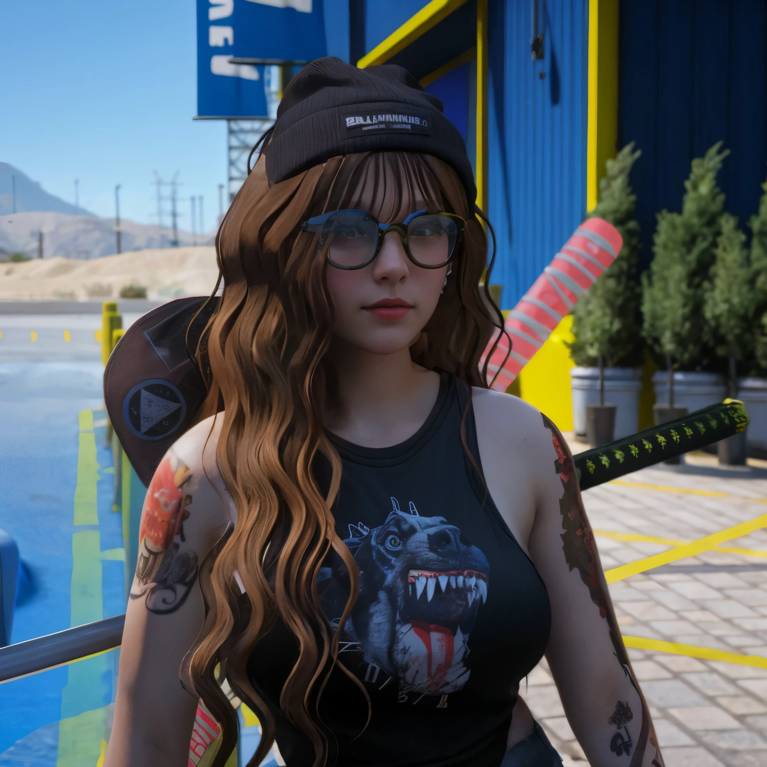 girl with wavy brown hair and black beanie,black tanktop
