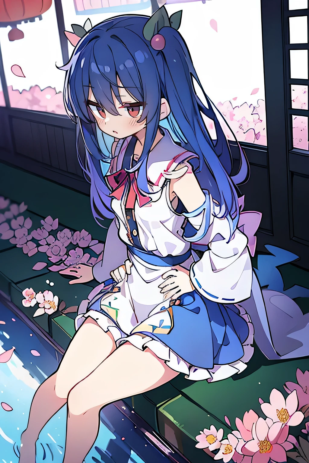 (best quality, masterpiece:1.2), expressive eyes, perfect face, 1 girl, hands on waist, beautiful, gorgeous, Japanese animation, Lola, Hinamori Angel, blue hair, floating clothes, waist grab, waist grab, hands on hips, sitting, sitting on the ground, legs on the ground, flat-chested, falling petals, sitting in a pavilion, pavilion.
