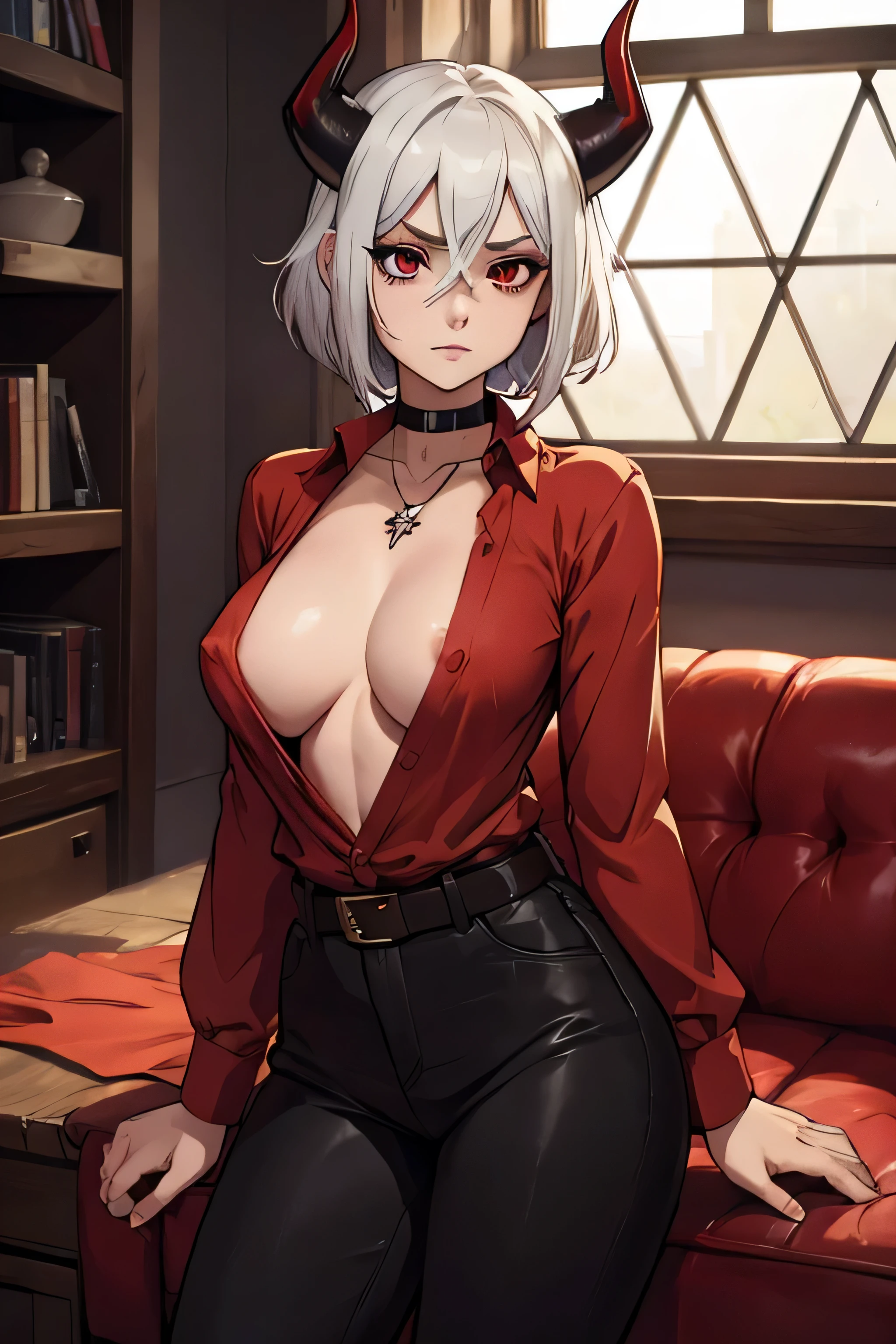 a picture of a anime character with horns and devil horns made with red hair, 1girl, horns, breasts, red eyes, demon horns, shirt, jewelry, pants, necklace, tail, (red shirt), large breasts, white hair, piercing, black horns, demon tail, cross, short hair, demon girl, Dark circles under eyes, solo, livingroom, choker, belt, Helltaker, girl, Zdrada, (((nippslip))), nipple slip