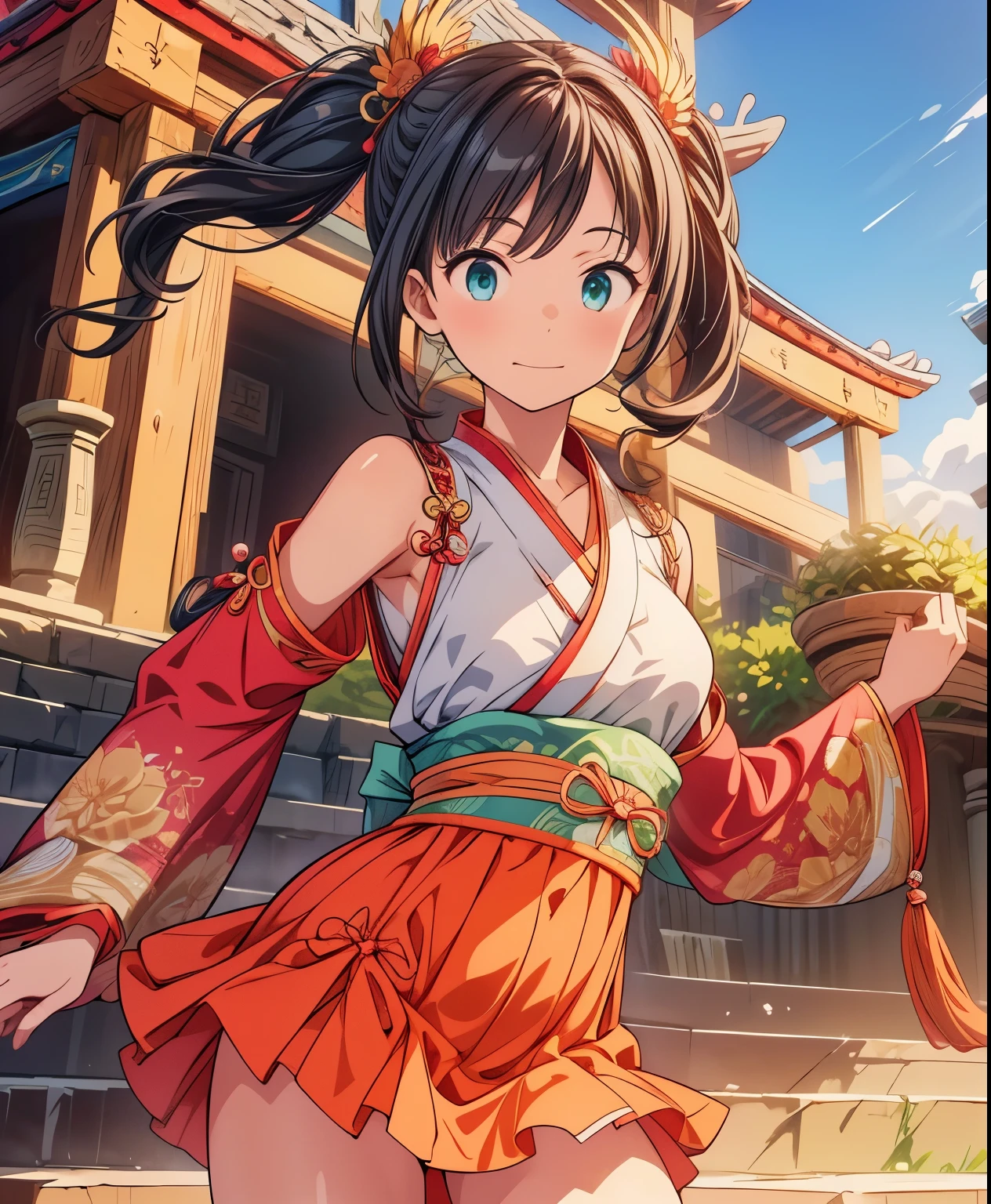 (masterpiece、highest quality、highest quality、Official Art、beautifully美しい:1.2)、(One girl:1.3)Hatsune Miku、Twin tails,Big Breasts, Official Art, Integrated 8K wallpapers, Super detailed, beautifully、aesthetic, masterpiece, highest quality, (Tangleの, Tangle, Intertwined), (Fractal Art: 1.4), One girl, Black Hair, Chinese, Exposing shoulders, Short skirt, Calf, belly button, Very detailed, Dynamic Angle, Cowboy Shot, (The most beautiful, (Hanfu: 1.5), Chinese dragon, Chinese phoenix, (smile: 0.5), (Chinese deity),3D Animation:1.2, one piece:1.1 manga), High-quality 3D modeling, Detailed Texture, Beautiful Shadows, (Where you live:1.3), Dynamic pose, Royal Representations, (Alabasta:0.9, city:0.9, palace:0.9), Royal insignia, loose fitting dress, Orange Hair, (mascot:0.8), Bright green eyes, Attractive charm.