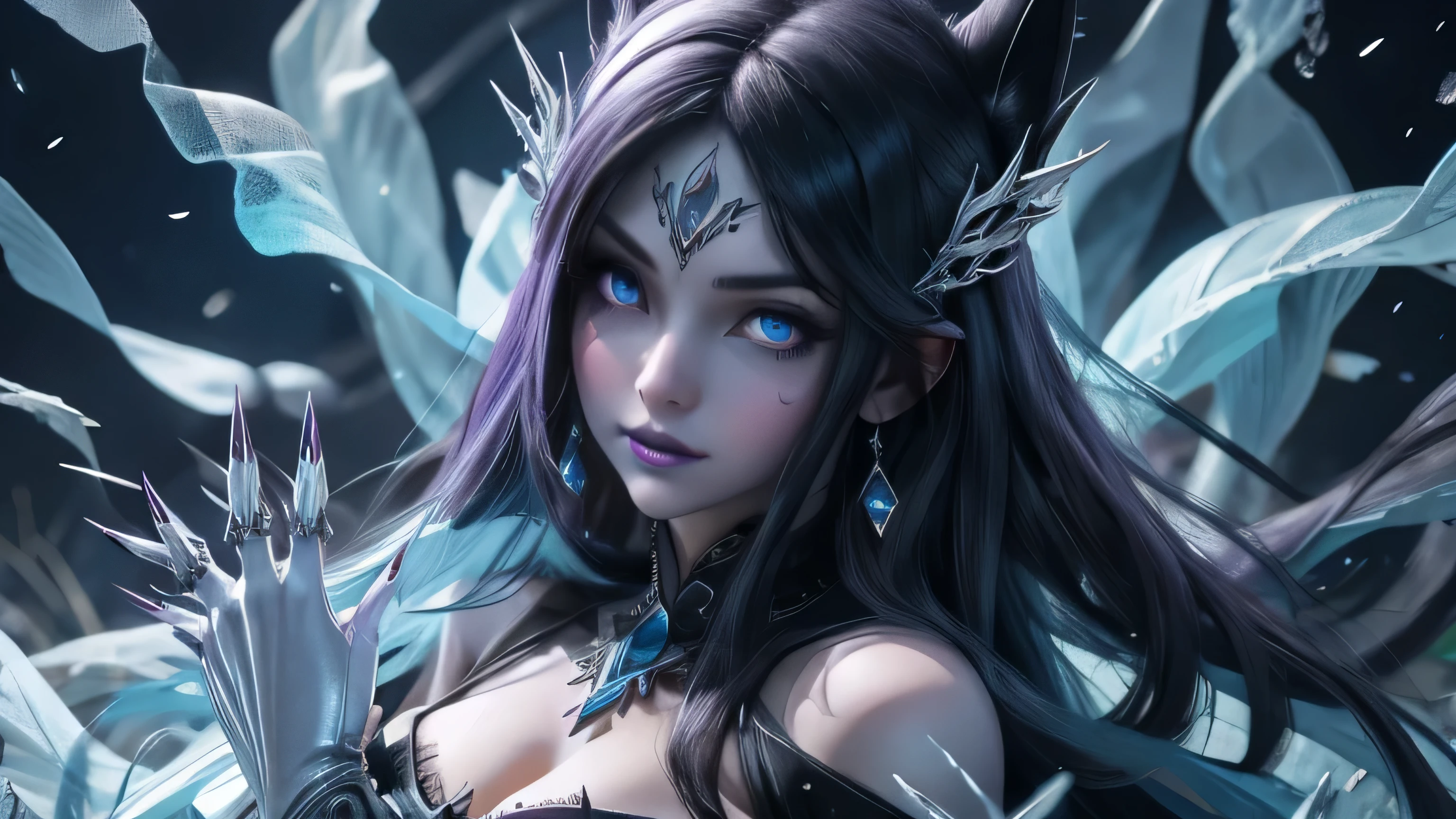 There is a full size figure of a beautiful zombie women with cute face black hair silver white eyes dark blue eye shadows and frost blue lips dressed in purple Gothic dress with glass ice claws on her fingers, women walk thru the swamp emanates grave chilling frost aura ground froze where she steps , high quality beautiful face, detailed anime art, detailed anime wallpaper , high quality illustration. 8k top quality details