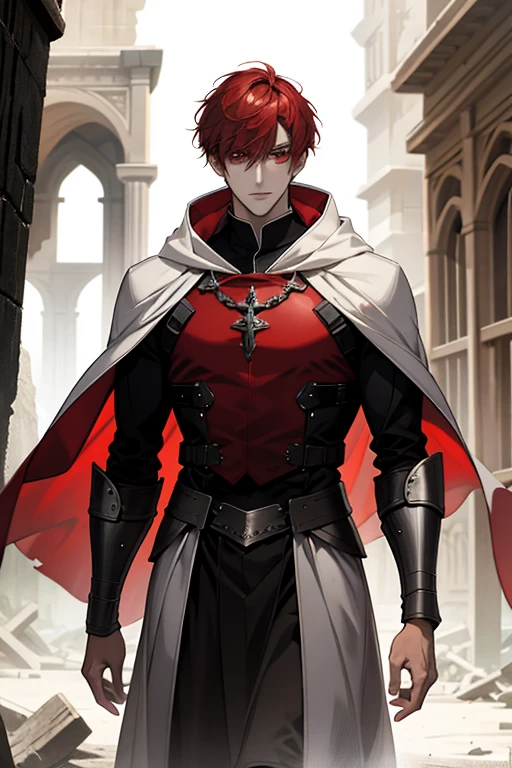 male, Red short hair with bangs, red eyes, adult face, adult, white hood and shroud, handsome, medieval fantasy, ruins, sorcerer, looking at viewer