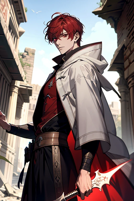 male, Red short hair with bangs, red eyes, adult face, adult, white hood and shroud, handsome, medieval fantasy, ruins, sorcerer, looking at viewer
