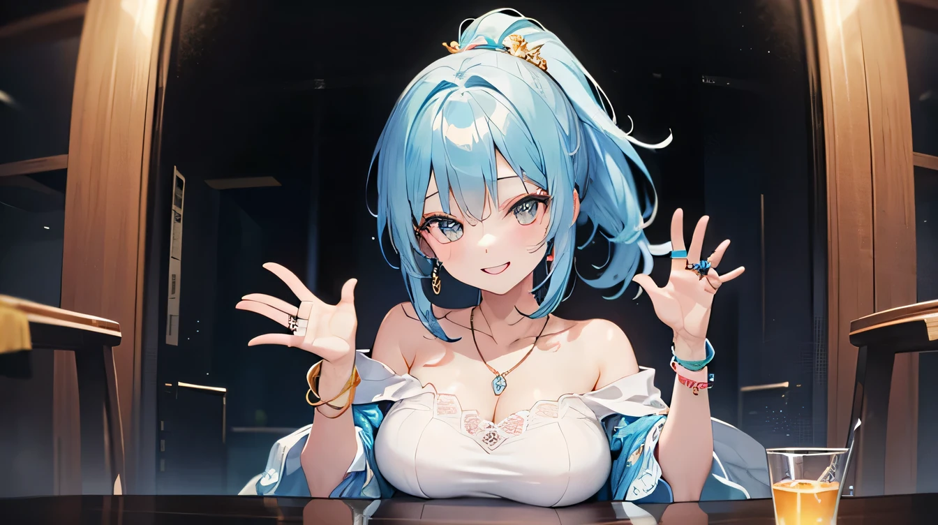 Digital anime art,highest quality,High resolution,One Girl,A girl with light blue hair in a ponytail,Super detailed,off shoulder tops,mini skirt,Big Breasts,girl sitting,Looking up,A shy smile,Laughing with your mouth open,A rich expression,Eyes drawn in detail,Waving,necklace,ring,hair ornaments,bracelet,8K