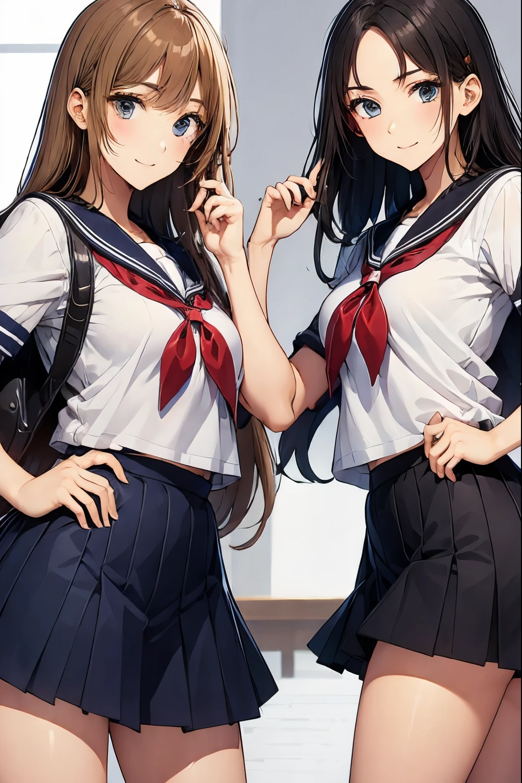 School classroom、two high school girls、seductive smile、