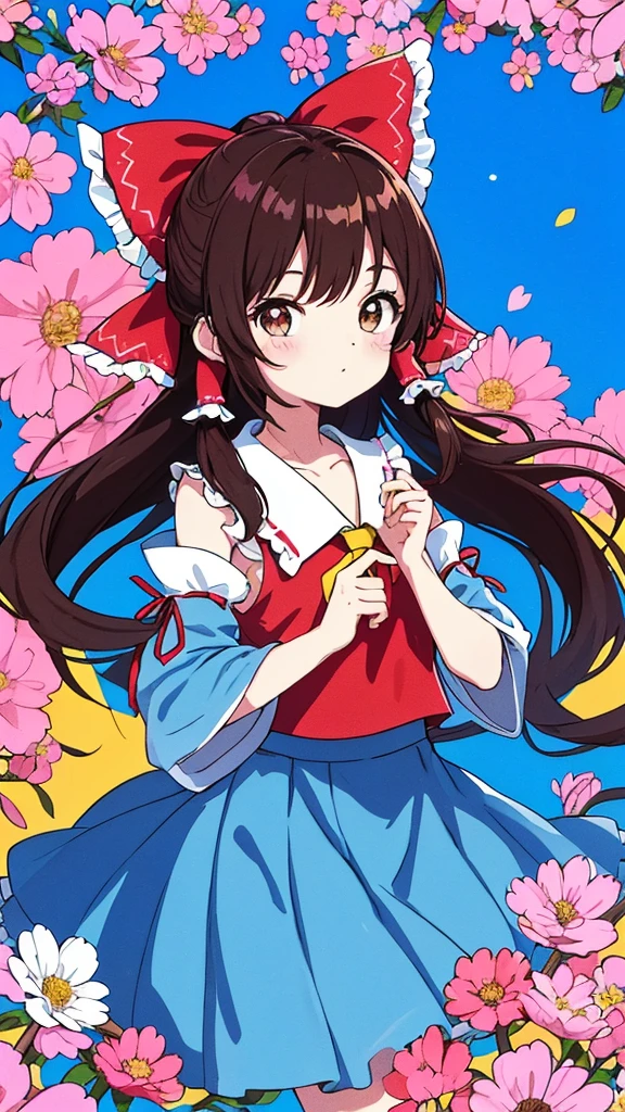 Obra maestra, of the highest quality, SFW, vistoso, Una chica, solo, hakurei reimu, cabello verde ondeando suavemente con la brisa, ojos marrones brillando con vida, cabello largo y suelto atado con tubos para el cabello, figura con pechos grandes, fondo abstracto, fondo azul que refleja aguas serenas, fondo rosa lleno de flores en flor, fondo morado iradiando calidez, Polka dot background adds a fun touch., (semitono agregando un retro, efecto texturizado)
