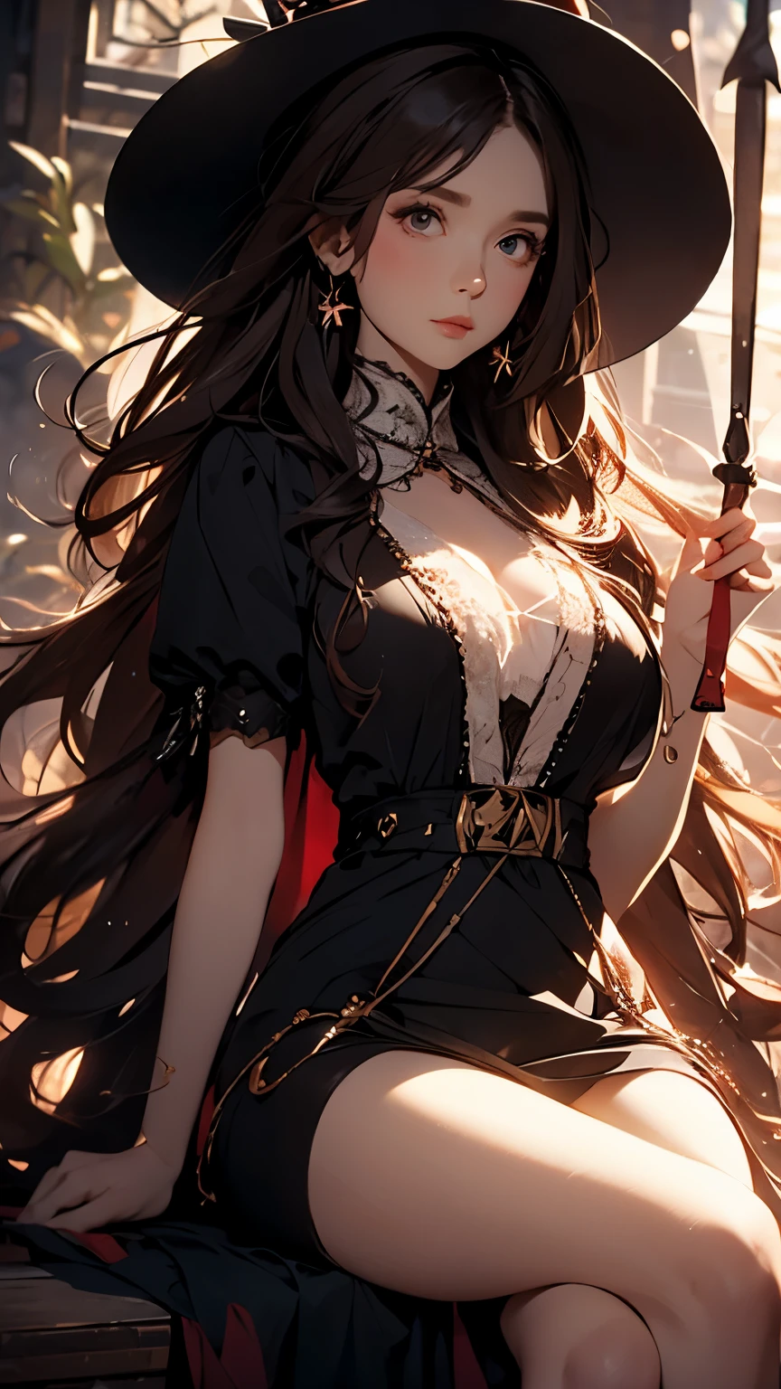 ((best quality)), ((masterpiece)), (detailed), perfect face, Wizard, (wide-brimmed hat), black dress, (Holding a very long magic wand, legs crossed), ((brown hair, long hair)), innocent expression, Detailed face, highly detailed eyes, red ribbon on chest